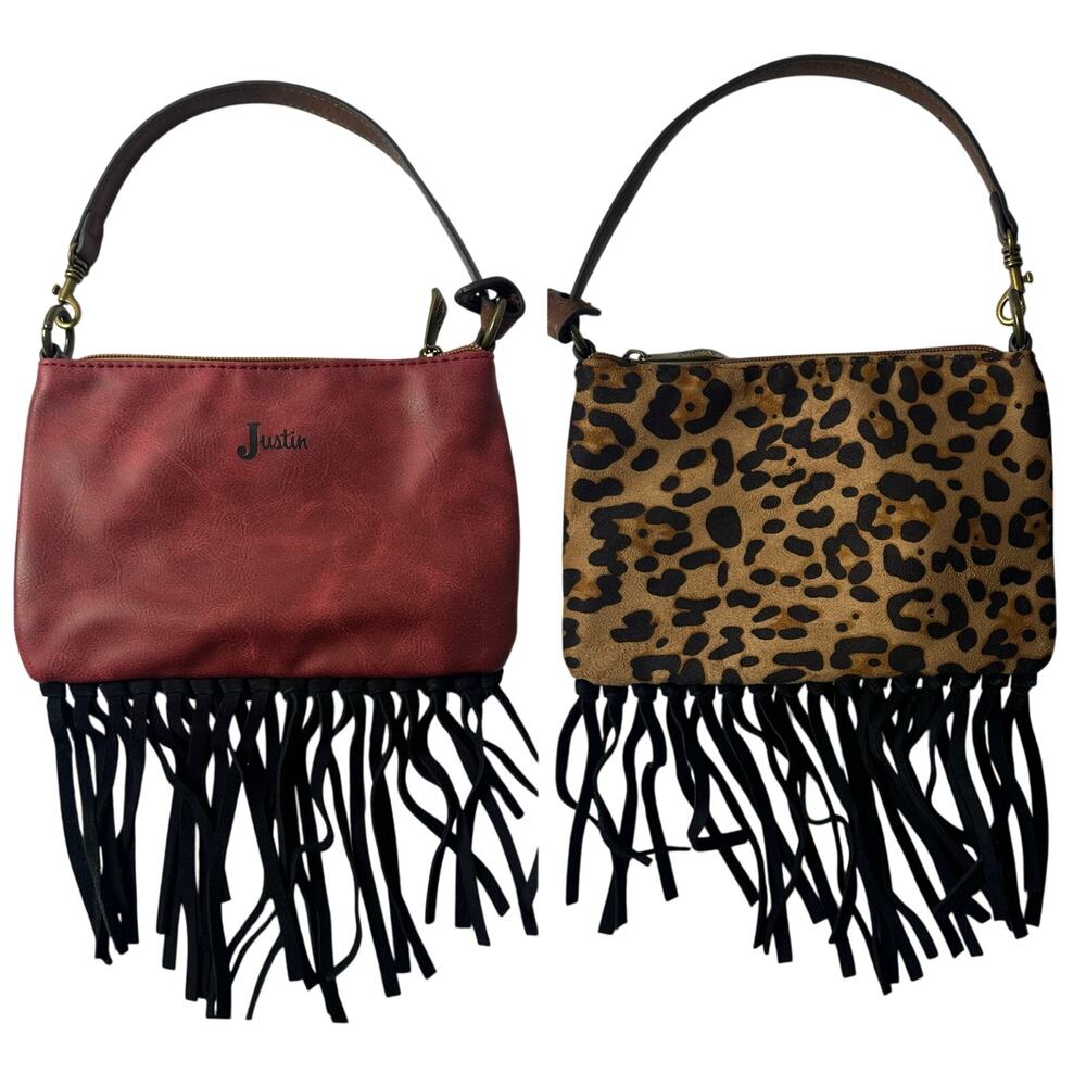 Justin Leopard Fringe Wristlet Purse Convertible Shoulder Bag Western Boho